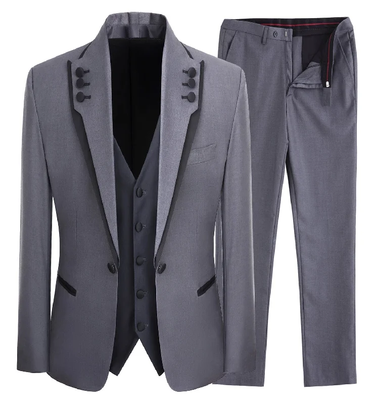 men's grey wedding tuxedo with satin collar -Western Mens 3 Piece Suit Blazer Vest Pant for for wedding party