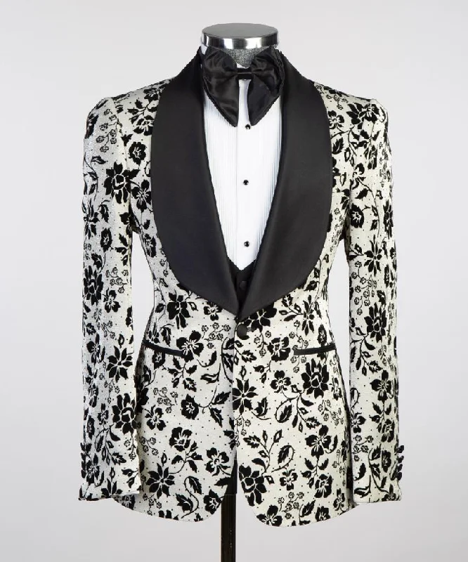 men's luxury grey wool tuxedo set -White Floral Tuxedo