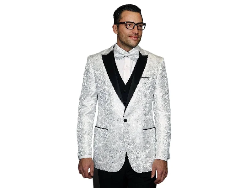 men's formal tuxedo for office and meetings -White Bellagio Paisley With Black Peak Lapel Dinner Jacket Tuxedo Rental