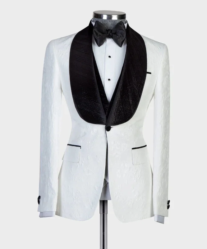 men's grey wool tuxedo with formal tie -White Tuxedo With Black Shinning Collar