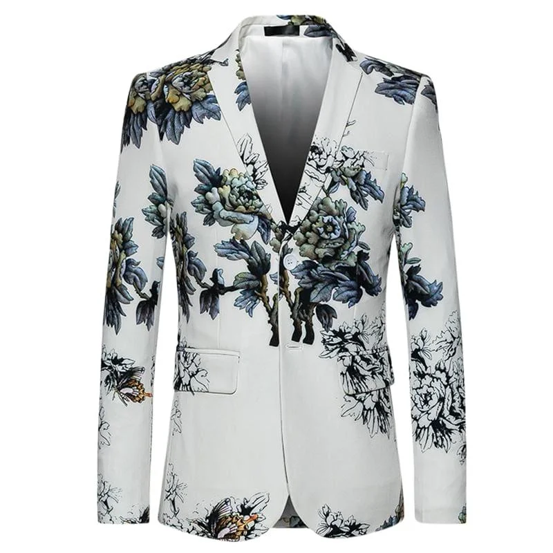 men's business grey tuxedo for formal events -White Winter Flower Pattern Floral Suit Jacket High Quality Blazer Jackets