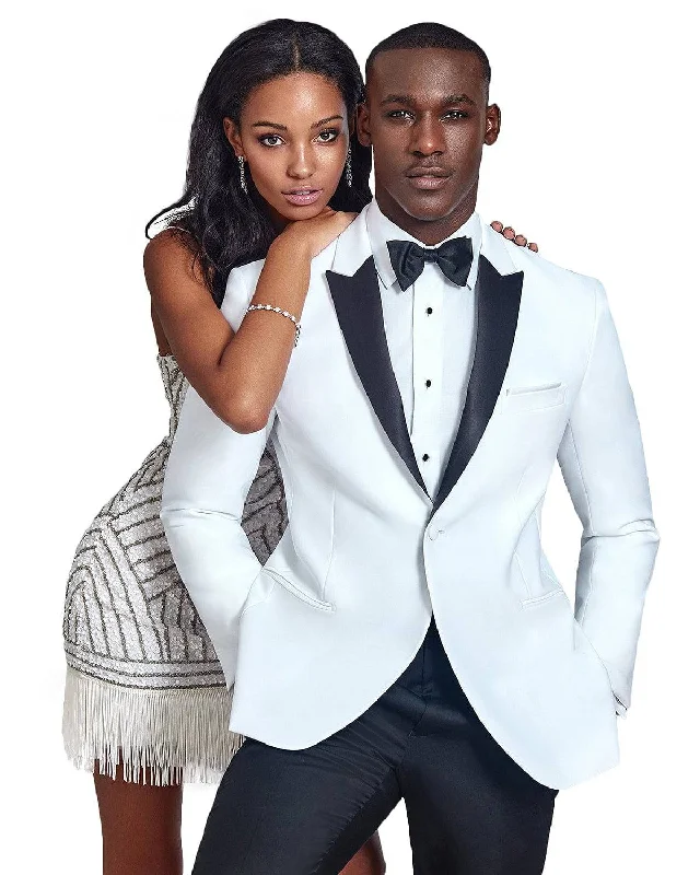 men's modern tuxedo with wool fabric -White With Black Peak Lapel Tuxedo Rental