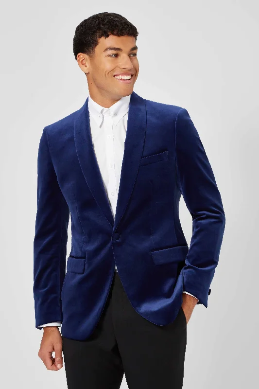 men's slim fit tuxedo with pleats and bowtie -Almeida Slim Fit Blue Velvet Blazer - ARCHIVE