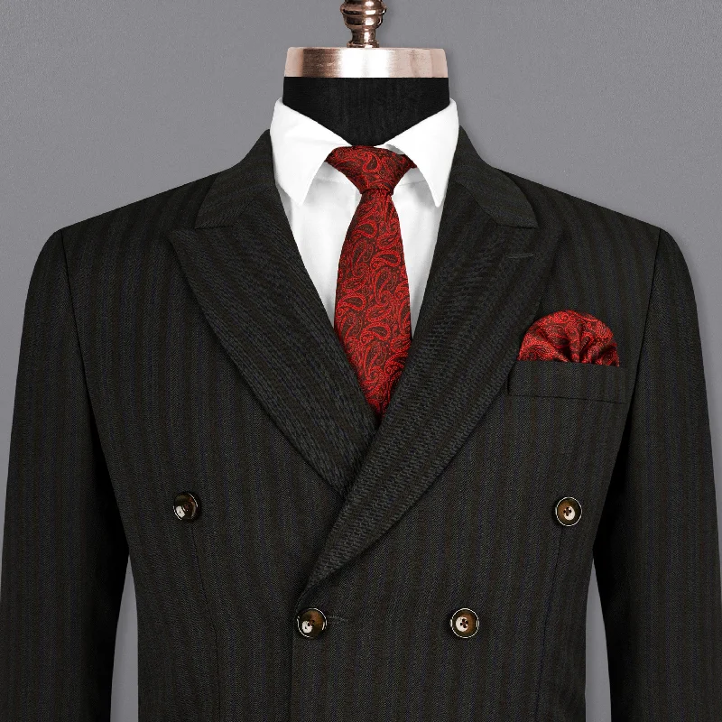 men's formal grey wool business suit -Wood Bean Striped Wool Rich Double Breasted Blazer