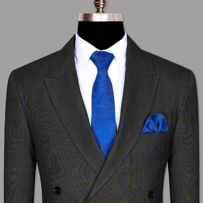 men's black formal tuxedo with satin lapels -Wood Brown with Royal Blue windowpane Wool Double Breasted Tweed Blazer