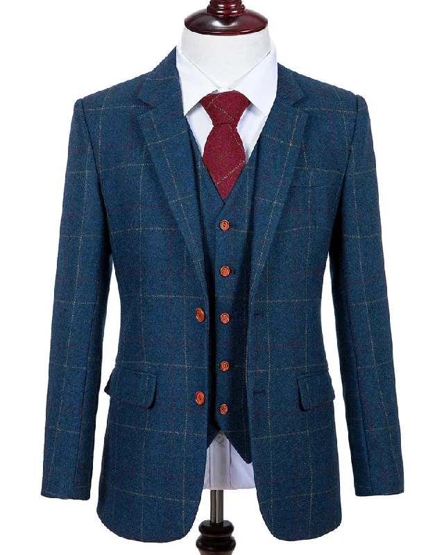 men's business tuxedo jacket with pleats -Wool Navy Blue Plaid Tweed Tailor Made Men 3 Pieces suit Blazers Retrowedding suits for men(jacket +pants +vest))CB0827